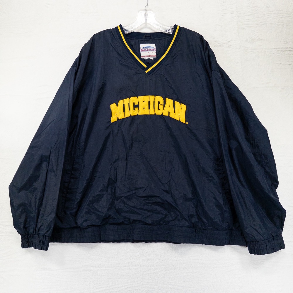 Collegiate Mens Michigan Windbreaker Pullover XL Navy Blue Vintage V-Neck Jacket
